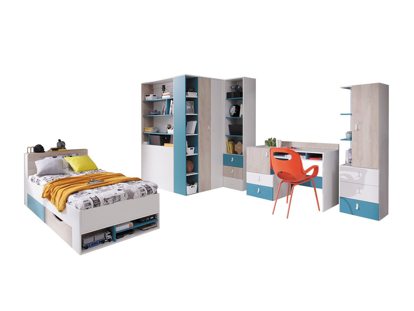 Vaikų kambario komplektas Camteso 115 (Balta + Ąžuolas + Turkis)