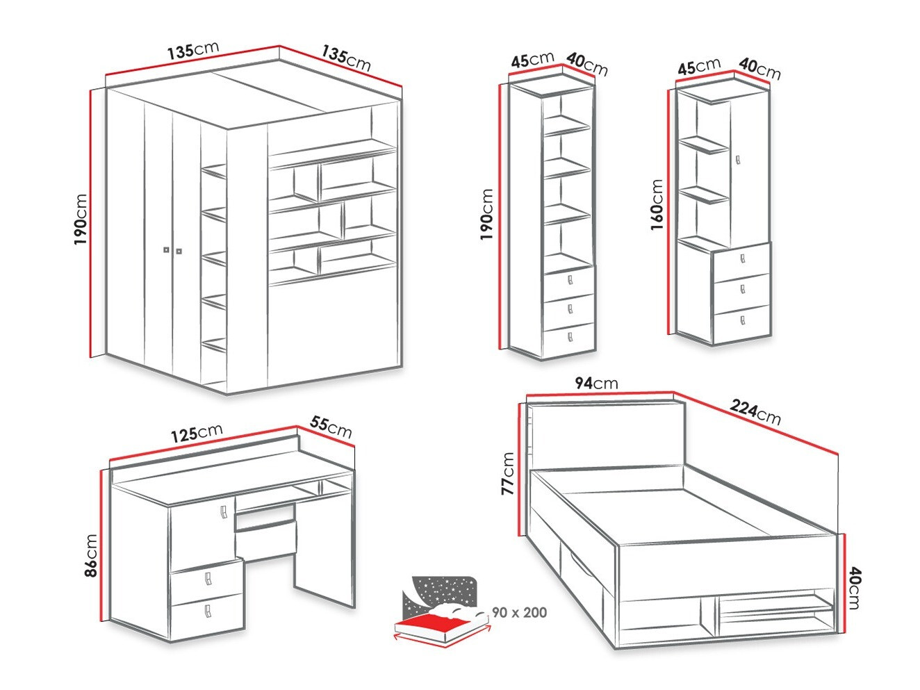 Vaikų kambario komplektas Camteso 115 (Balta + Ąžuolas + Turkis)