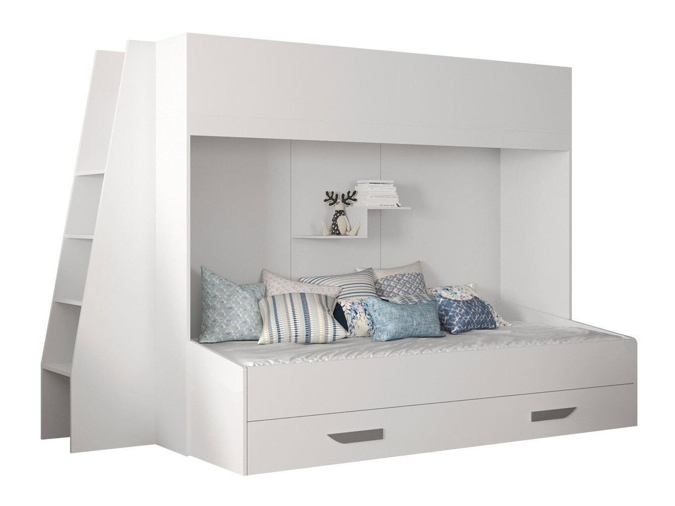 Pilkos vaikų kambario dviaukštės lovos