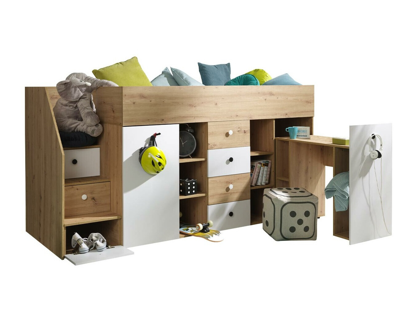 Šviesiai rudos vaikų kambario dviaukštės lovos