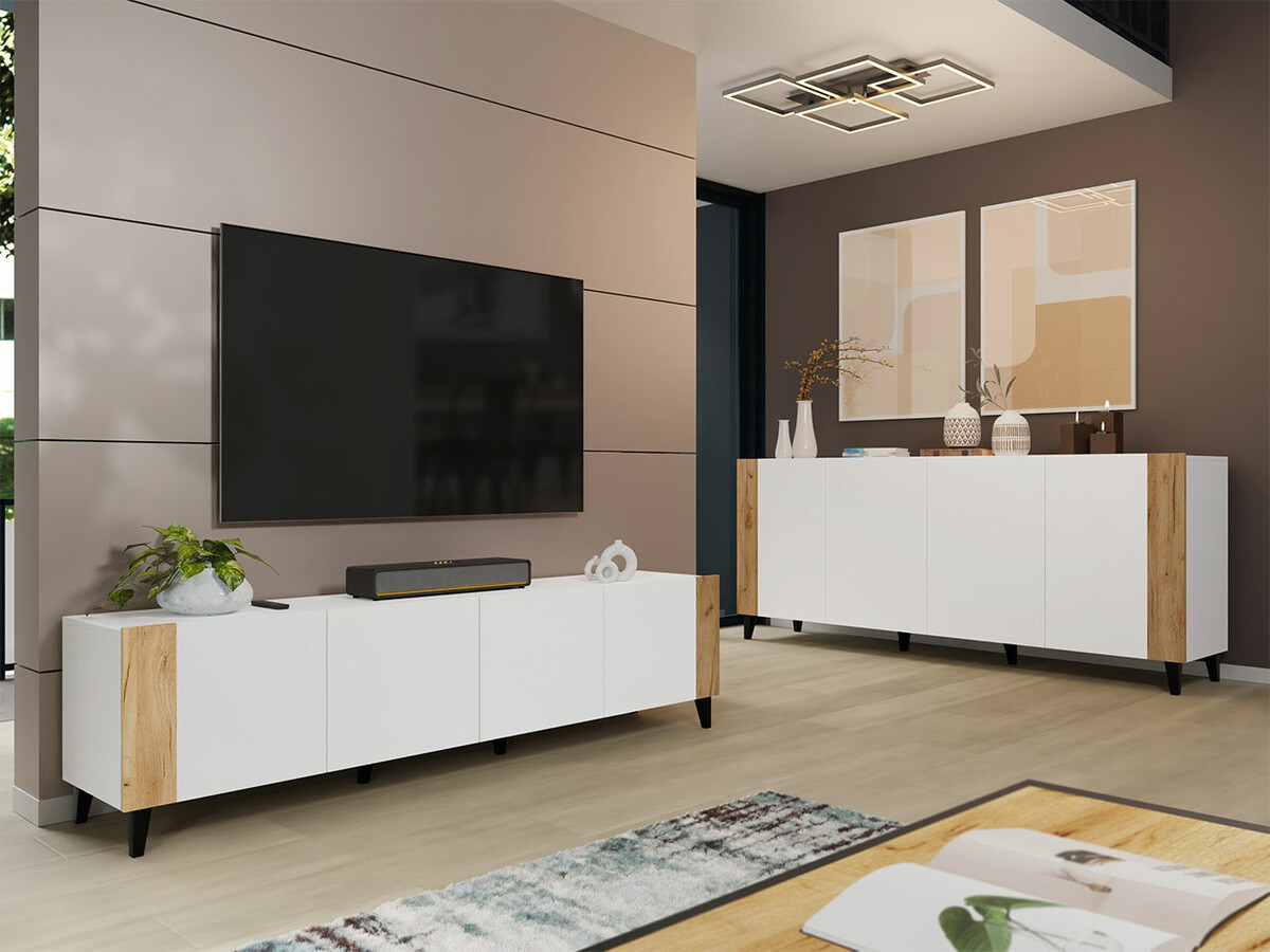 TV staliukas Charlotte 184 (Balta + Craft ąžuolas)