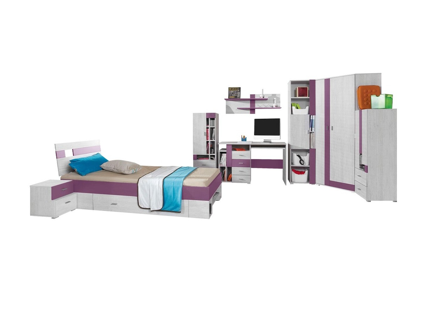 Vaikų kambario komplektas Omaha D142 (Violetinė + Balinta pušis)
