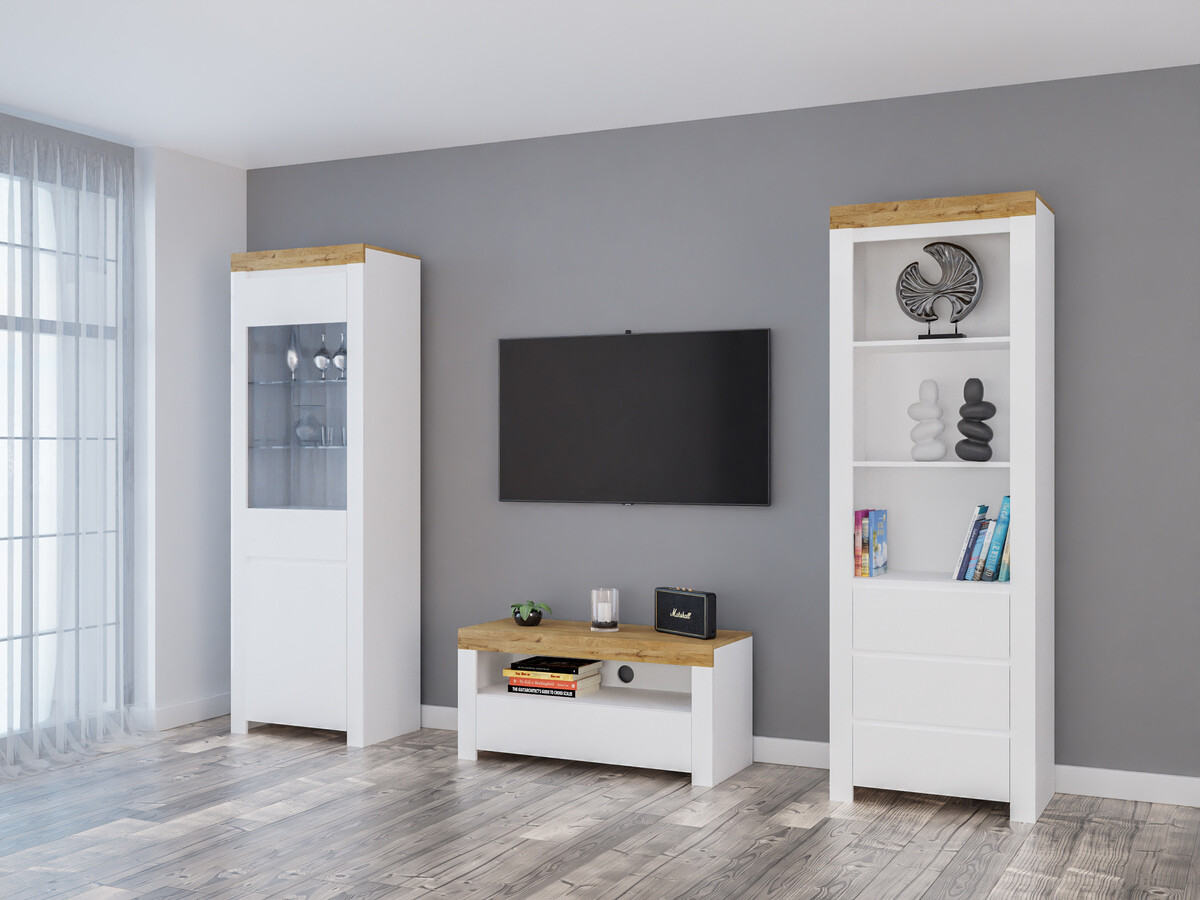 Svetainės komplektas Sonsoru 145 (Balta + Blizgi balta + Votan ąžuolas)