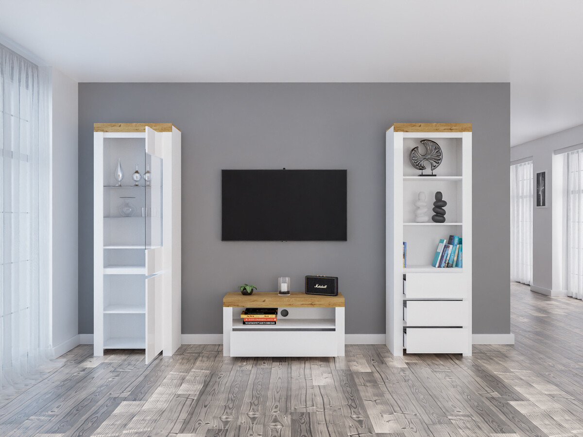 Svetainės komplektas Sonsoru 145 (Balta + Blizgi balta + Votan ąžuolas)