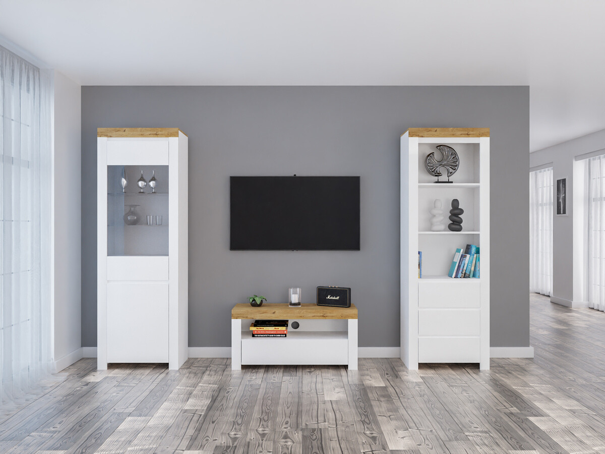 Svetainės komplektas Sonsoru 145 (Balta + Blizgi balta + Votan ąžuolas)