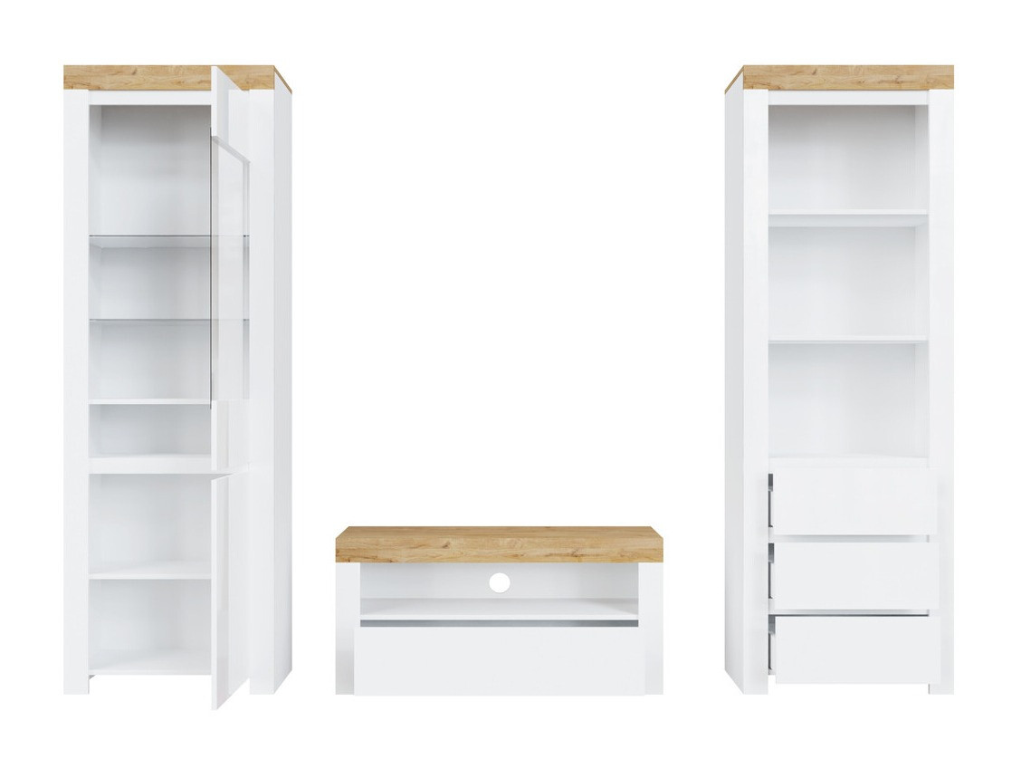 Svetainės komplektas Sonsoru 145 (Balta + Blizgi balta + Votan ąžuolas)