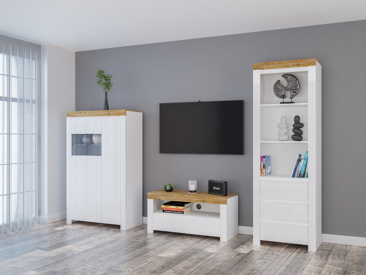 Svetainės komplektas Sonsoru 146 (Balta + Blizgi balta + Votan ąžuolas)