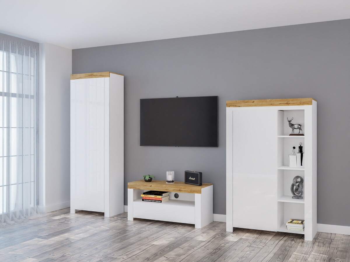 Svetainės komplektas Sonsoru 147 (Balta + Blizgi balta + Votan ąžuolas)