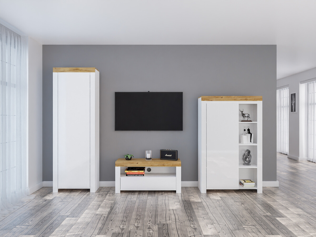 Svetainės komplektas Sonsoru 147 (Balta + Blizgi balta + Votan ąžuolas)