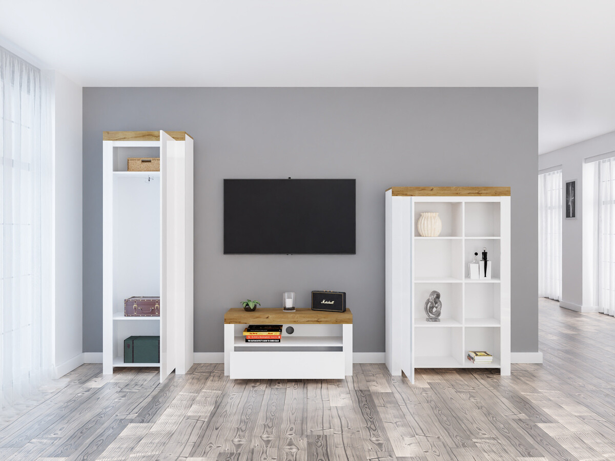 Svetainės komplektas Sonsoru 147 (Balta + Blizgi balta + Votan ąžuolas)