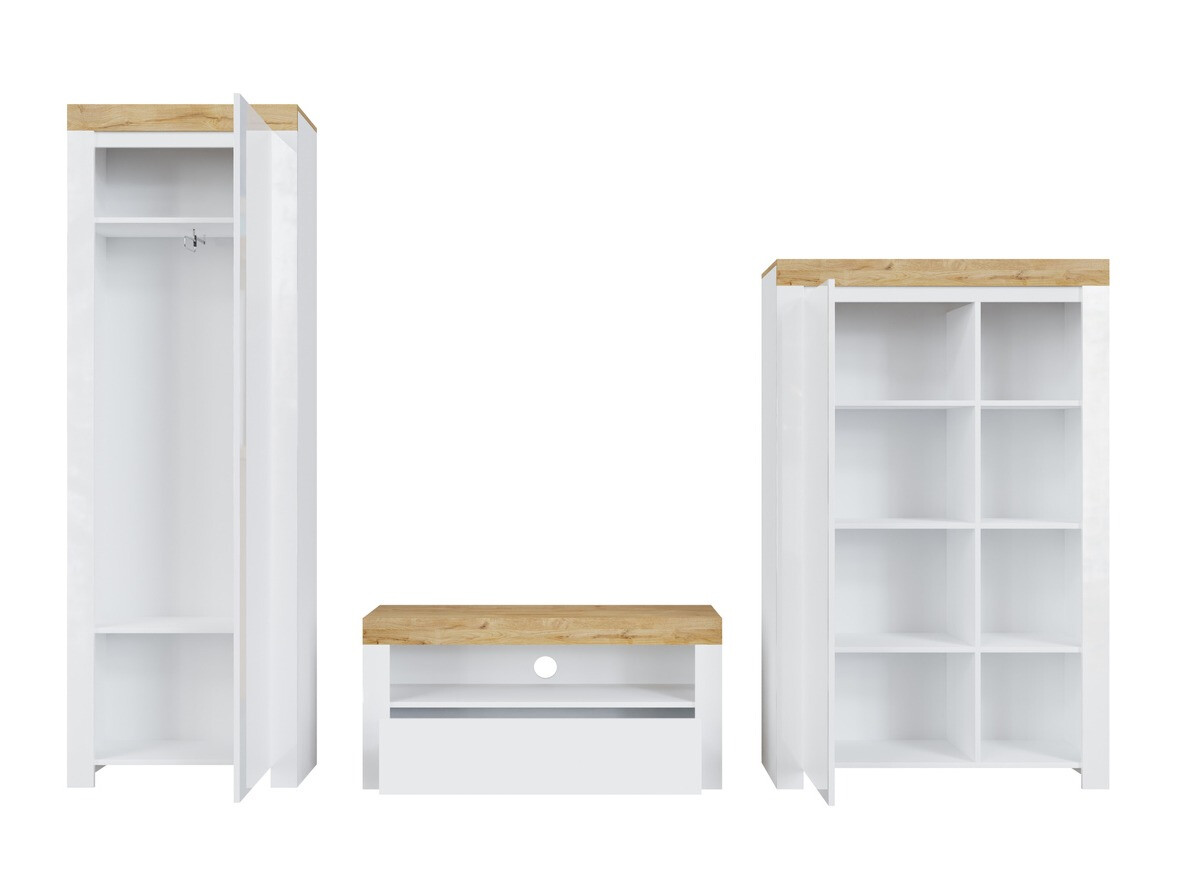 Svetainės komplektas Sonsoru 147 (Balta + Blizgi balta + Votan ąžuolas)