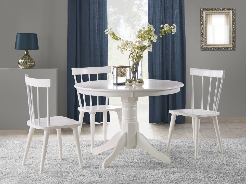 Svetainės valgomojo komplektai su baltomis kėdėmis