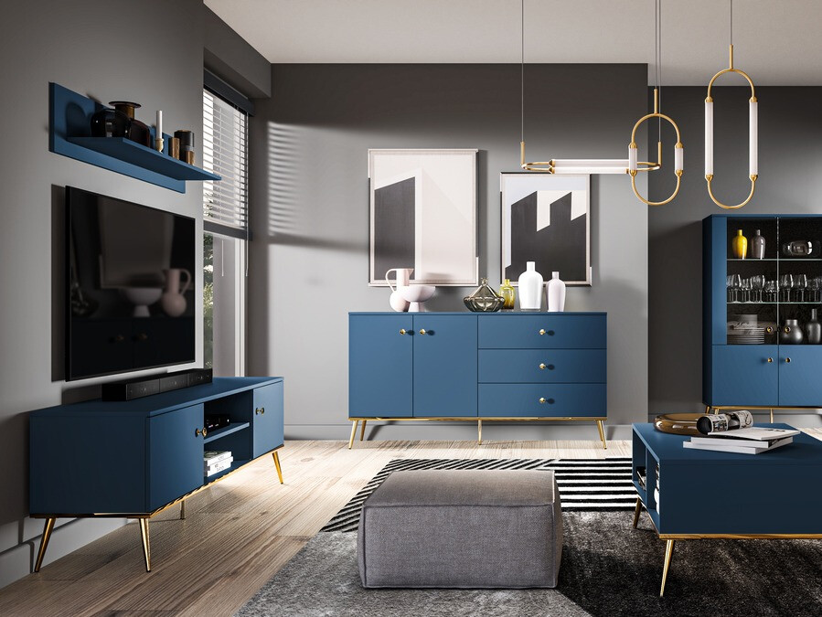 Komoda Flonovu 102 (Tamsi mėlyna + Auksinė)