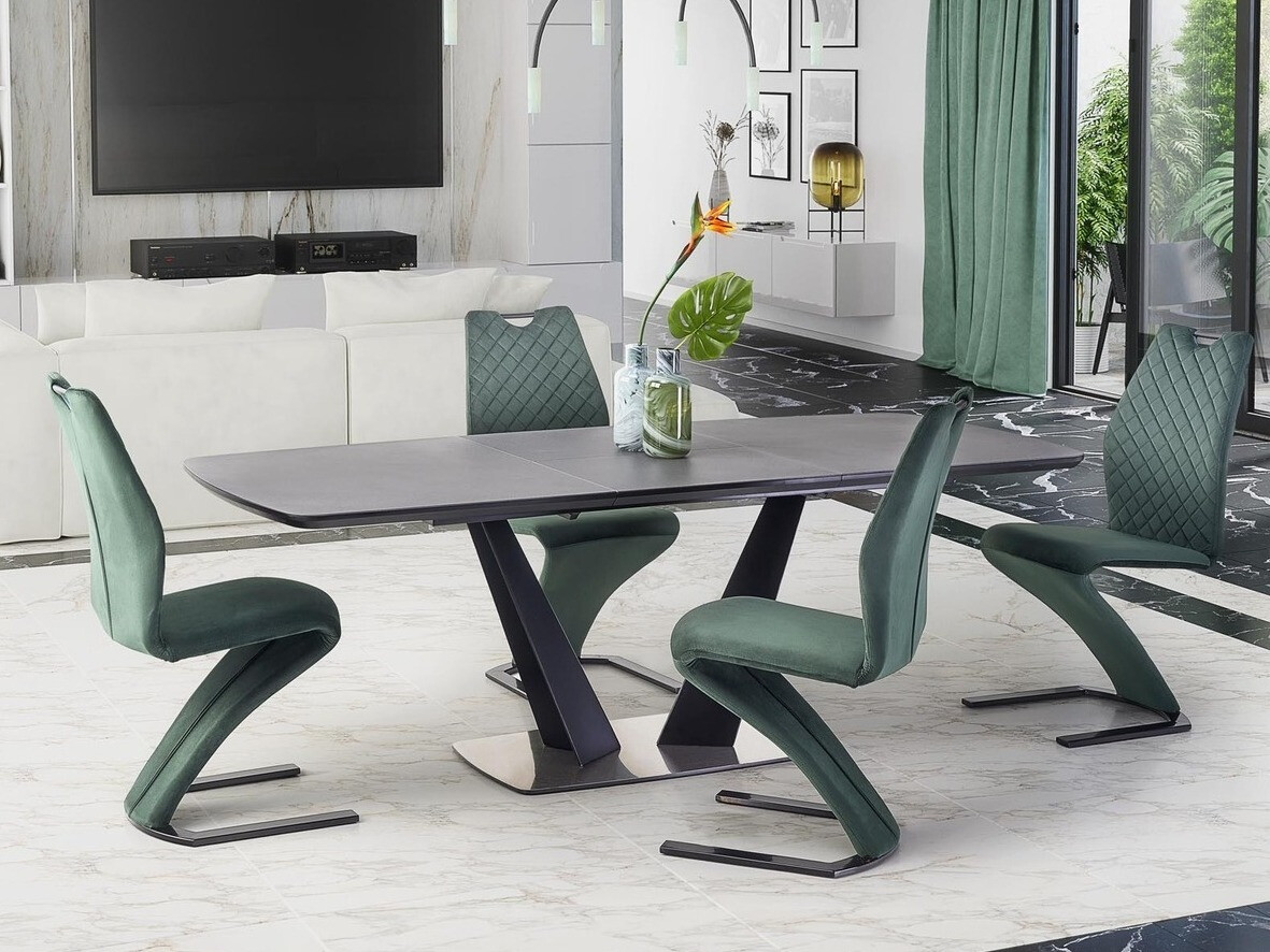 Svetainės valgomojo komplektai su žaliomis kėdėmis