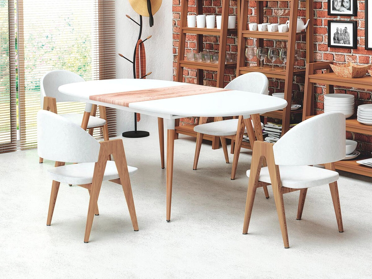 Svetainės valgomojo komplektai su baltomis kėdėmis