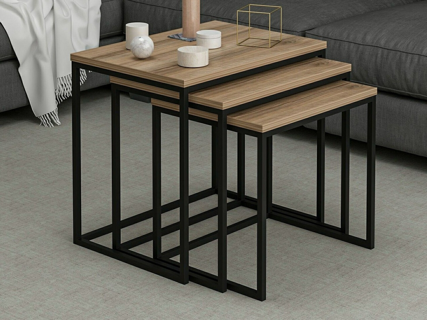 Žurnalinių staliukų komplektas Kailua 112 (Riešutas + Juoda)