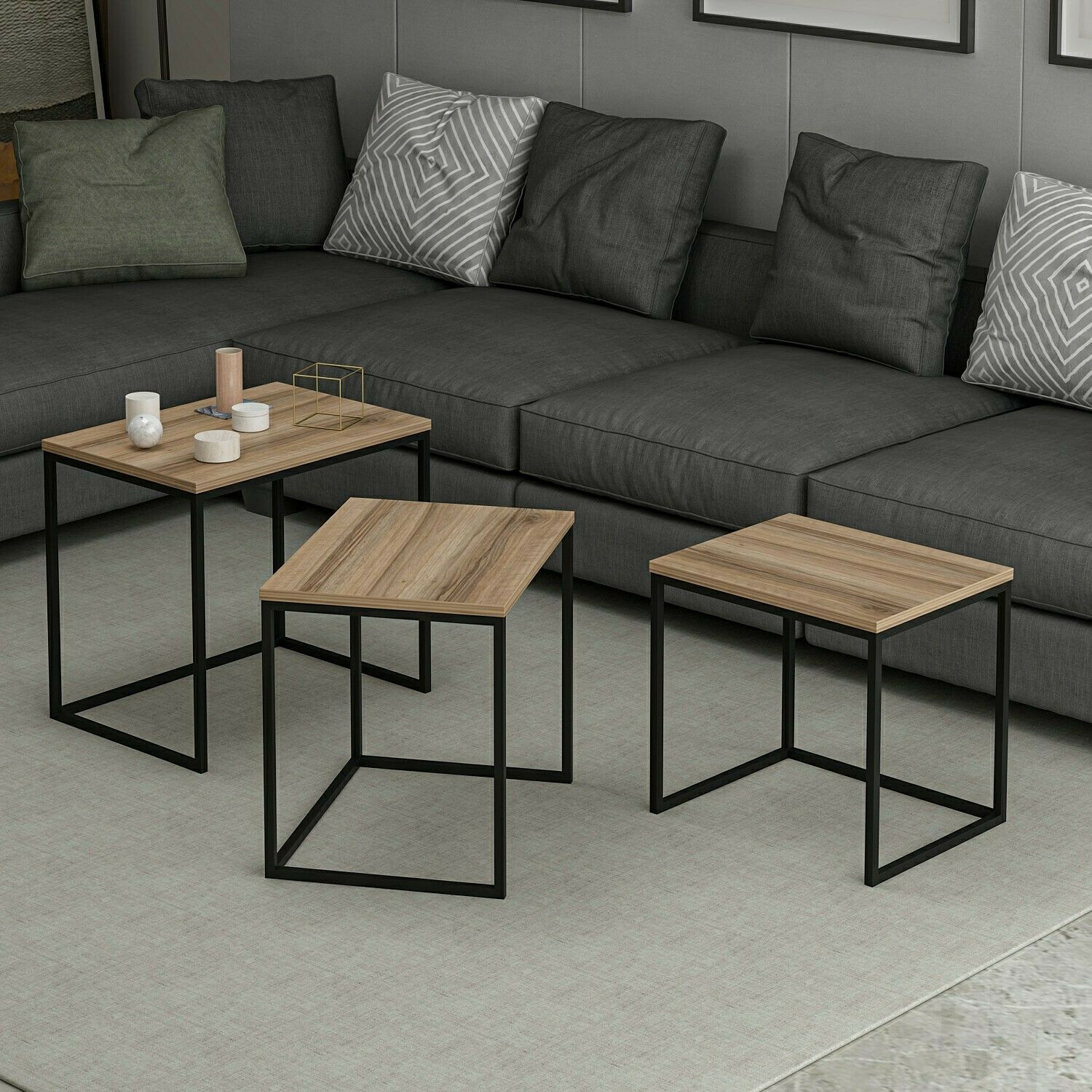 Žurnalinių staliukų komplektas Kailua 112 (Riešutas + Juoda)