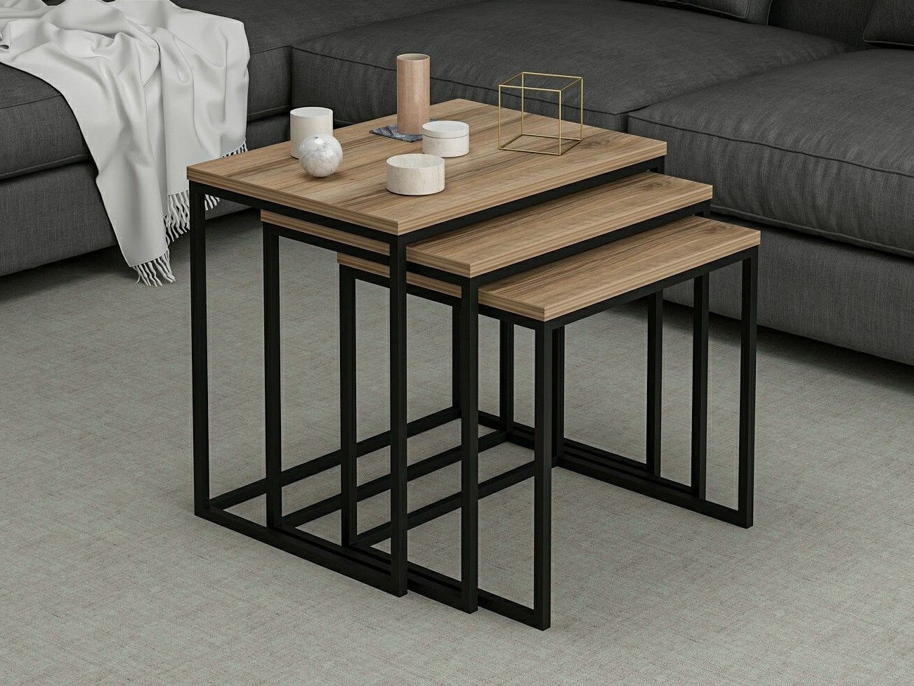 Žurnalinių staliukų komplektas Kailua 112 (Riešutas + Juoda)