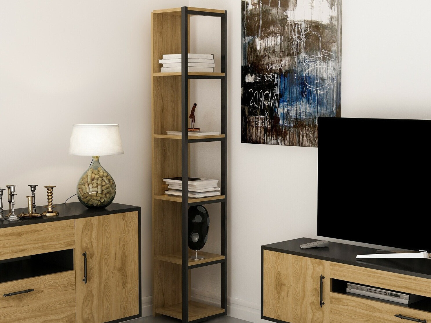 Kampinė lentyna Kailua 1077 (Ąžuolas + Juoda)