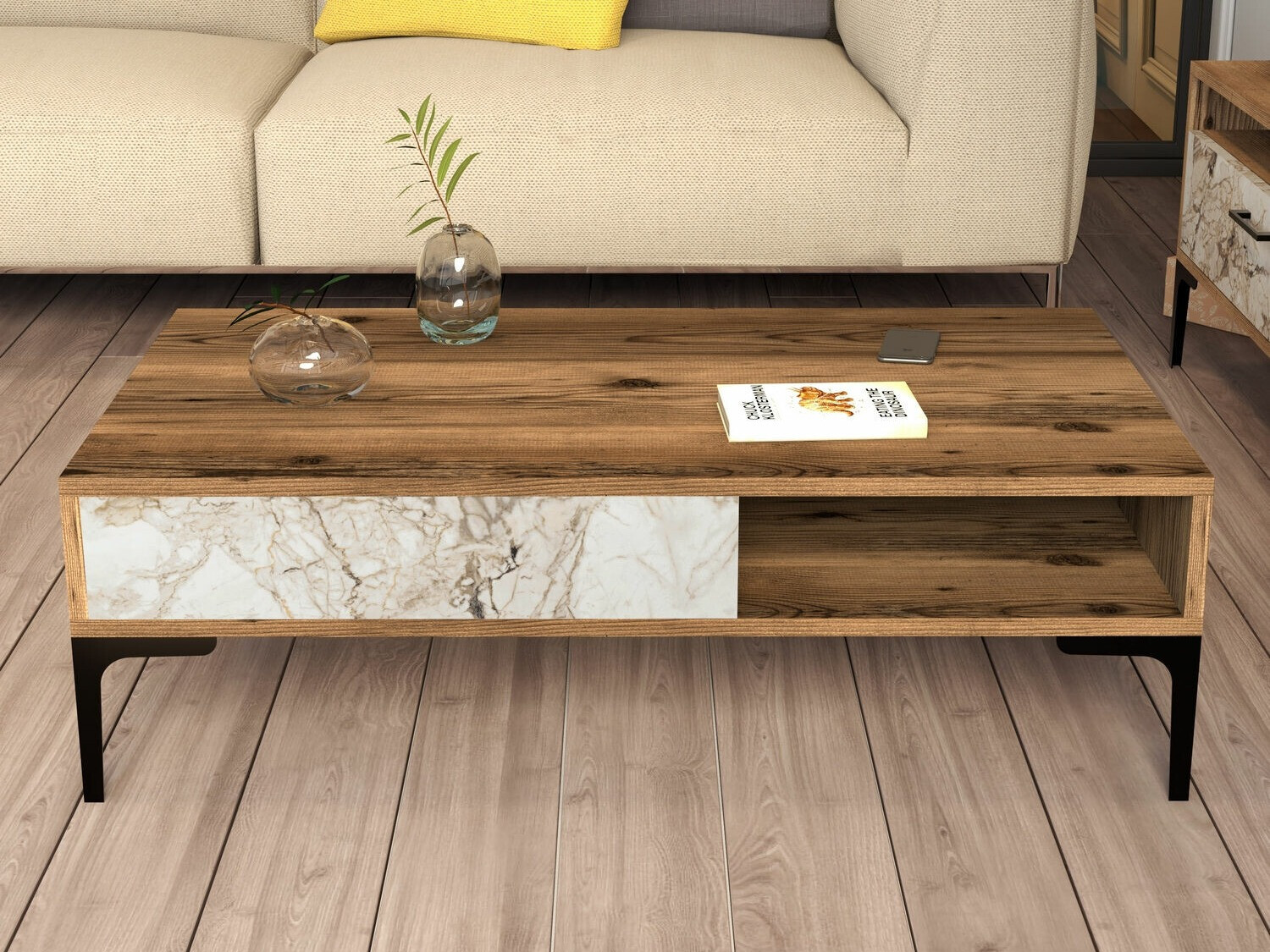 Žurnalinis staliukas Kailua 1239 (Graikinis riešutas + Baltas marmuras)