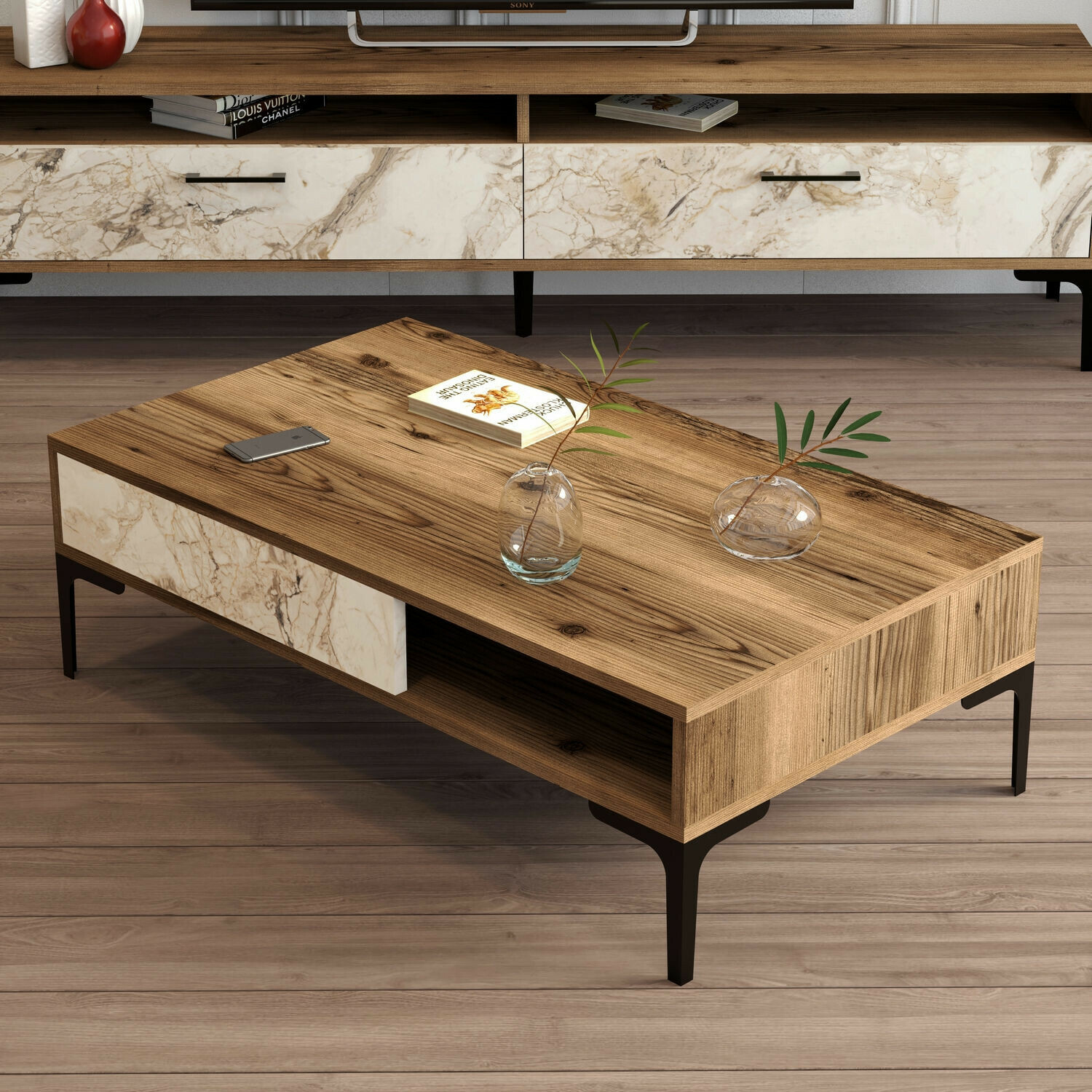 Žurnalinis staliukas Kailua 1239 (Graikinis riešutas + Baltas marmuras)