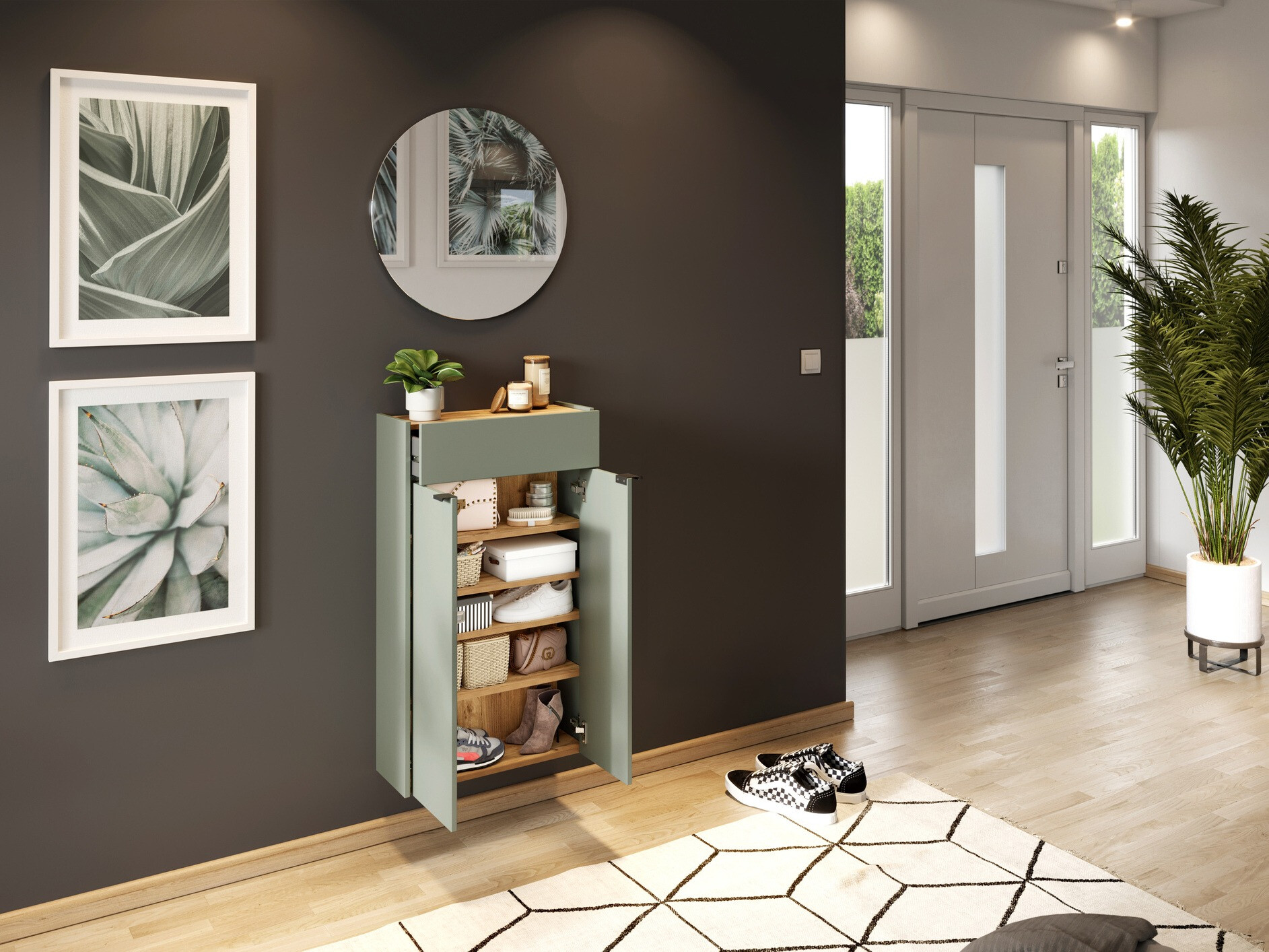 Prieškambario komplektas Cirsale 104 (Dusty žalia + Navarra ąžuolas)