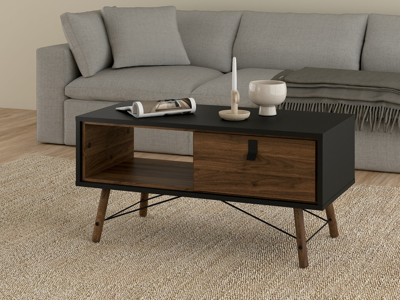 Žurnalinis staliukas Tustin V102 (Riešutas + Matinė juoda)