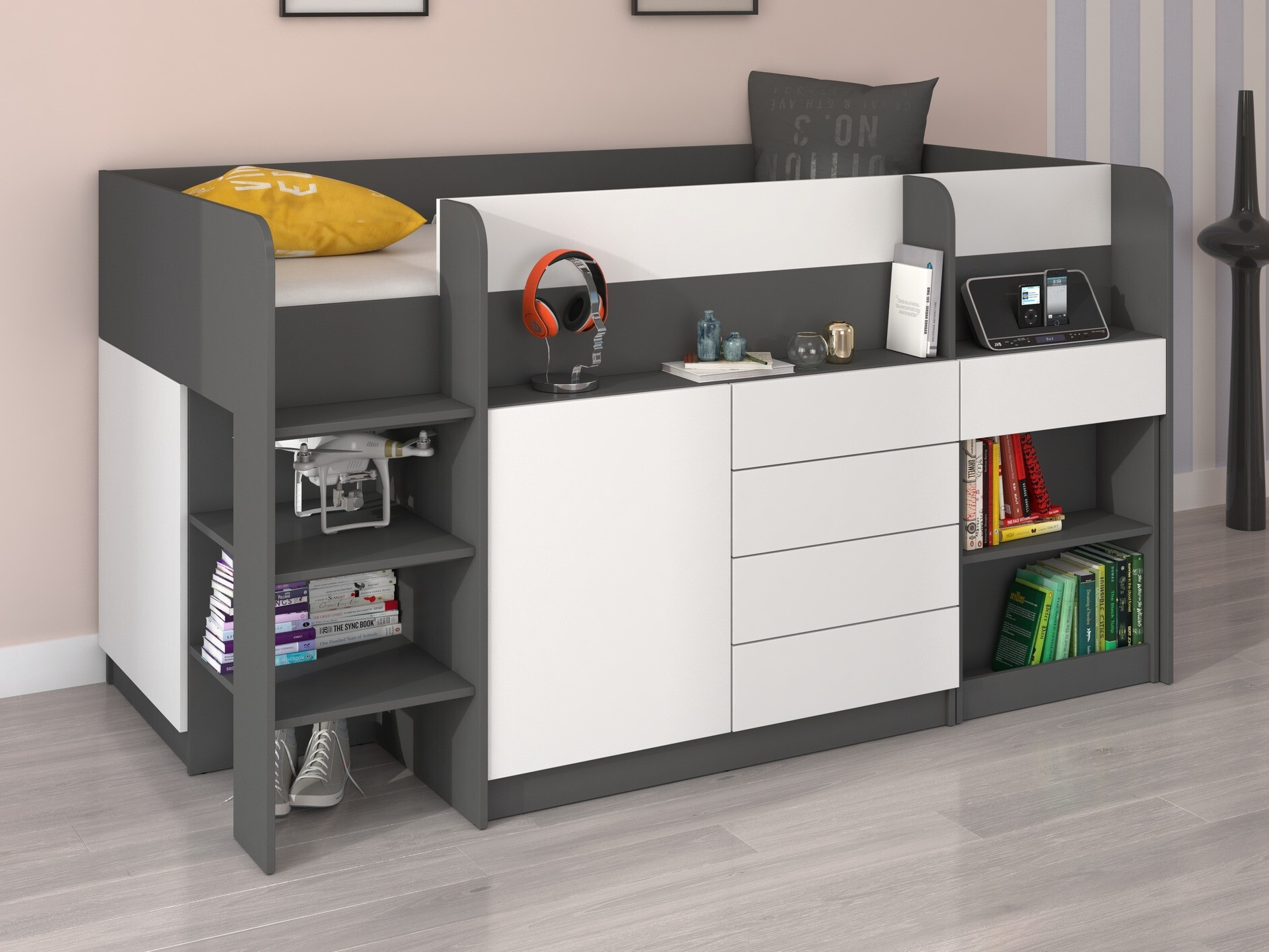 Aukšta lova Gilroy 116 (Grafitas + Balta)