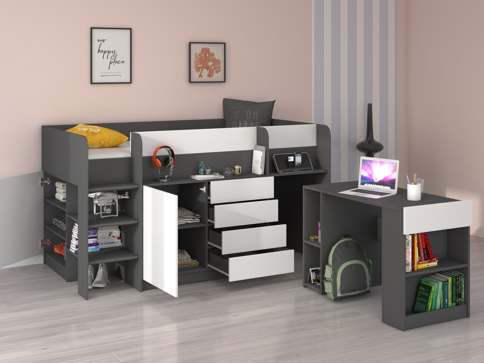 Aukšta lova Gilroy 116 (Grafitas + Balta)