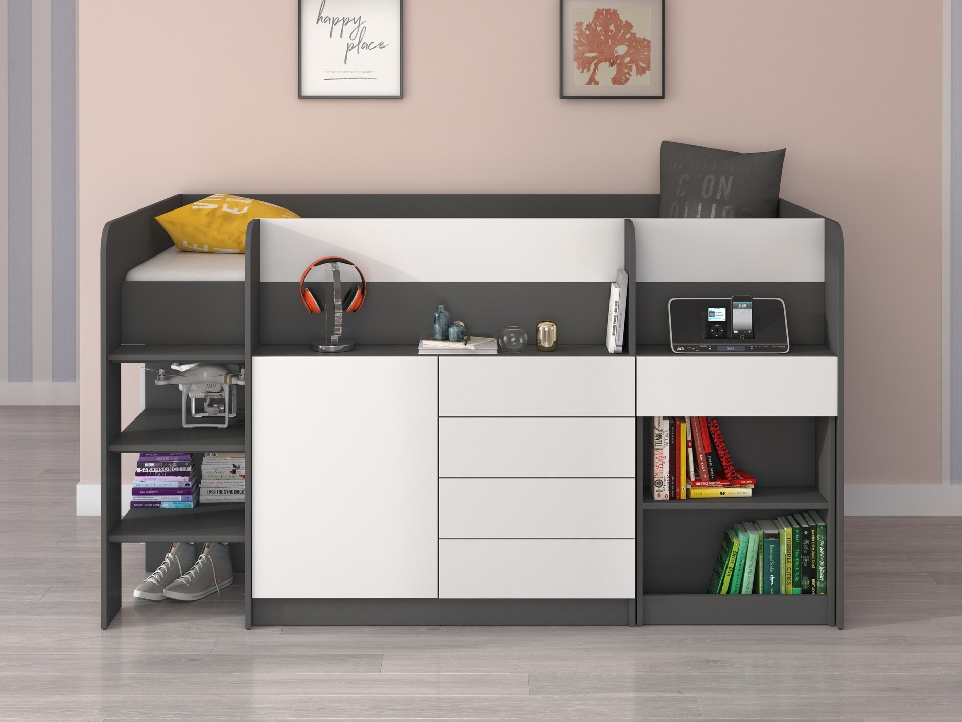 Aukšta lova Gilroy 116 (Grafitas + Balta)