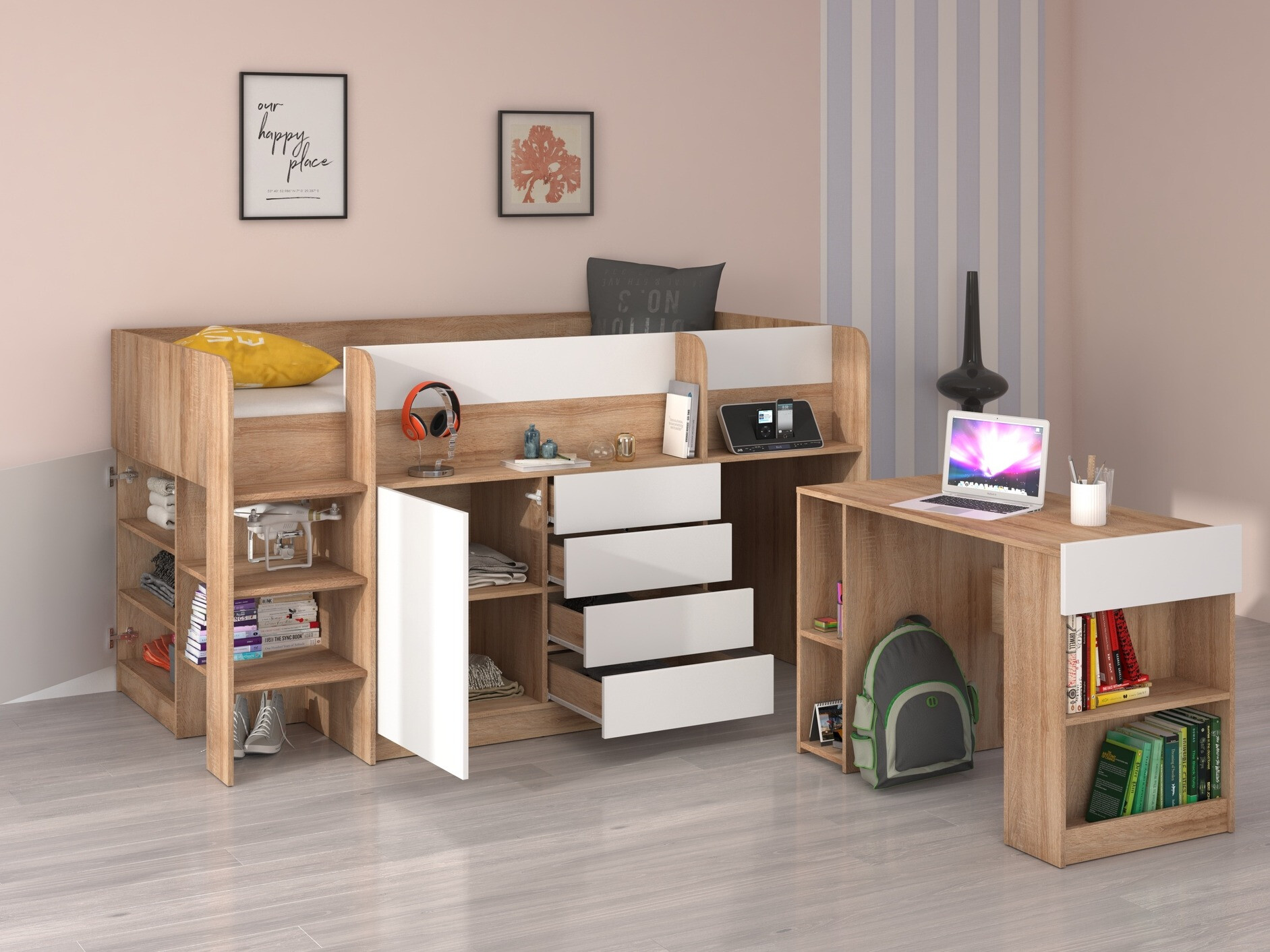 Aukšta lova Gilroy 116 (Sonomos ąžuolas + Balta)