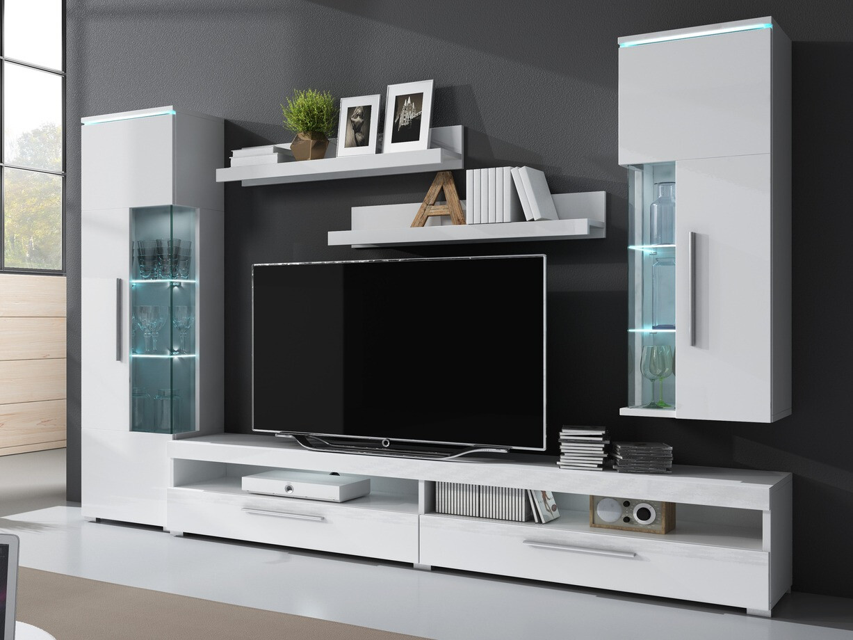 Svetainės komplektas Torvire 108 (Balta + Blizgi balta)