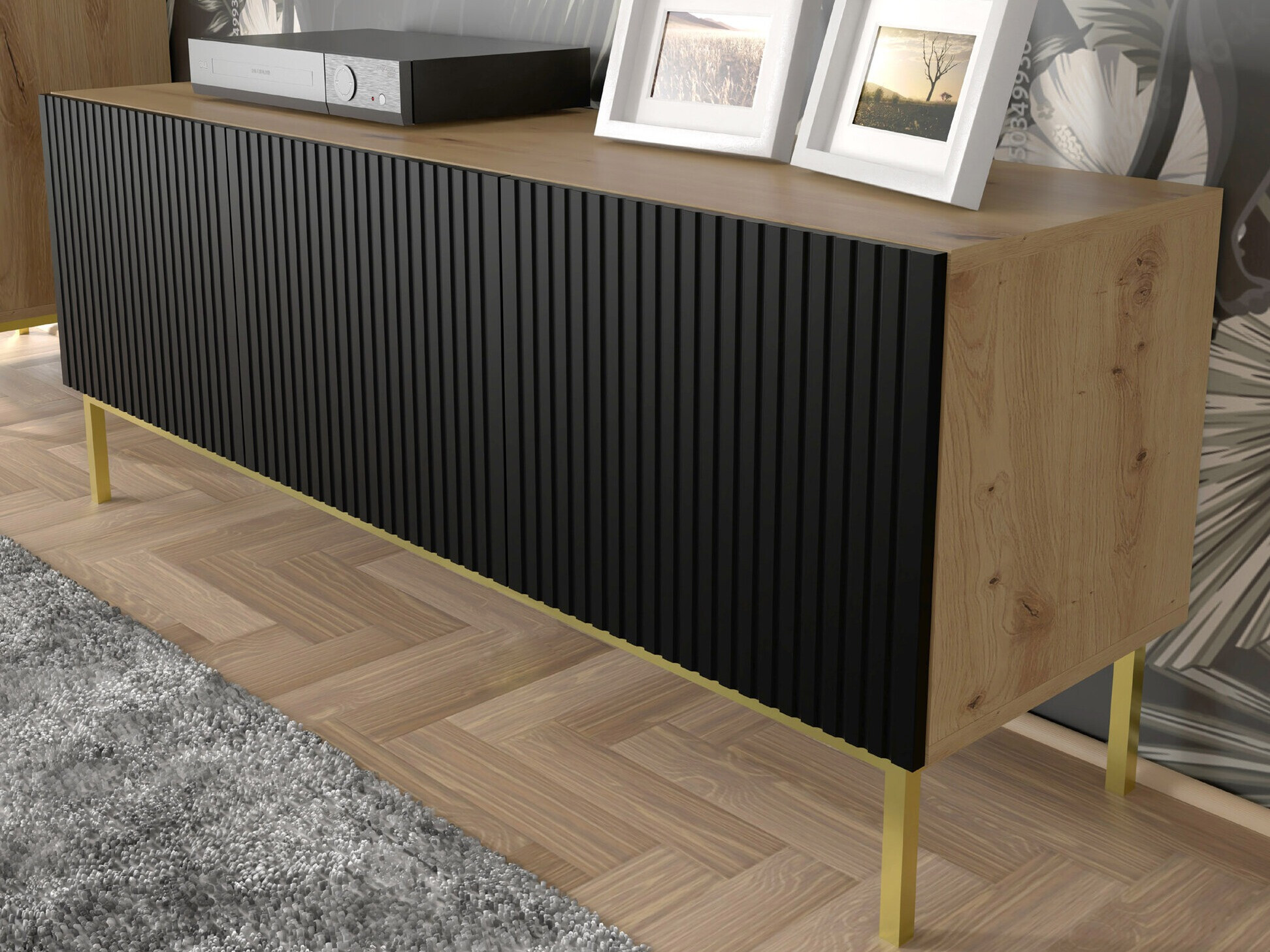 TV staliukas Mirmaro 102 (Juoda + Artisan ąžuolas)