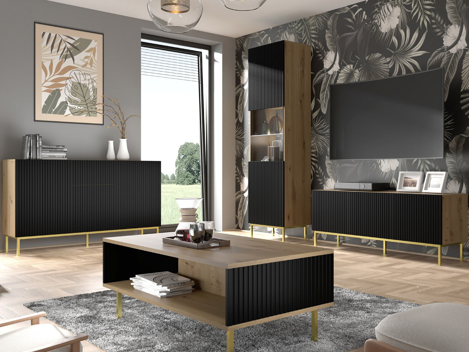 TV staliukas Mirmaro 102 (Juoda + Artisan ąžuolas)