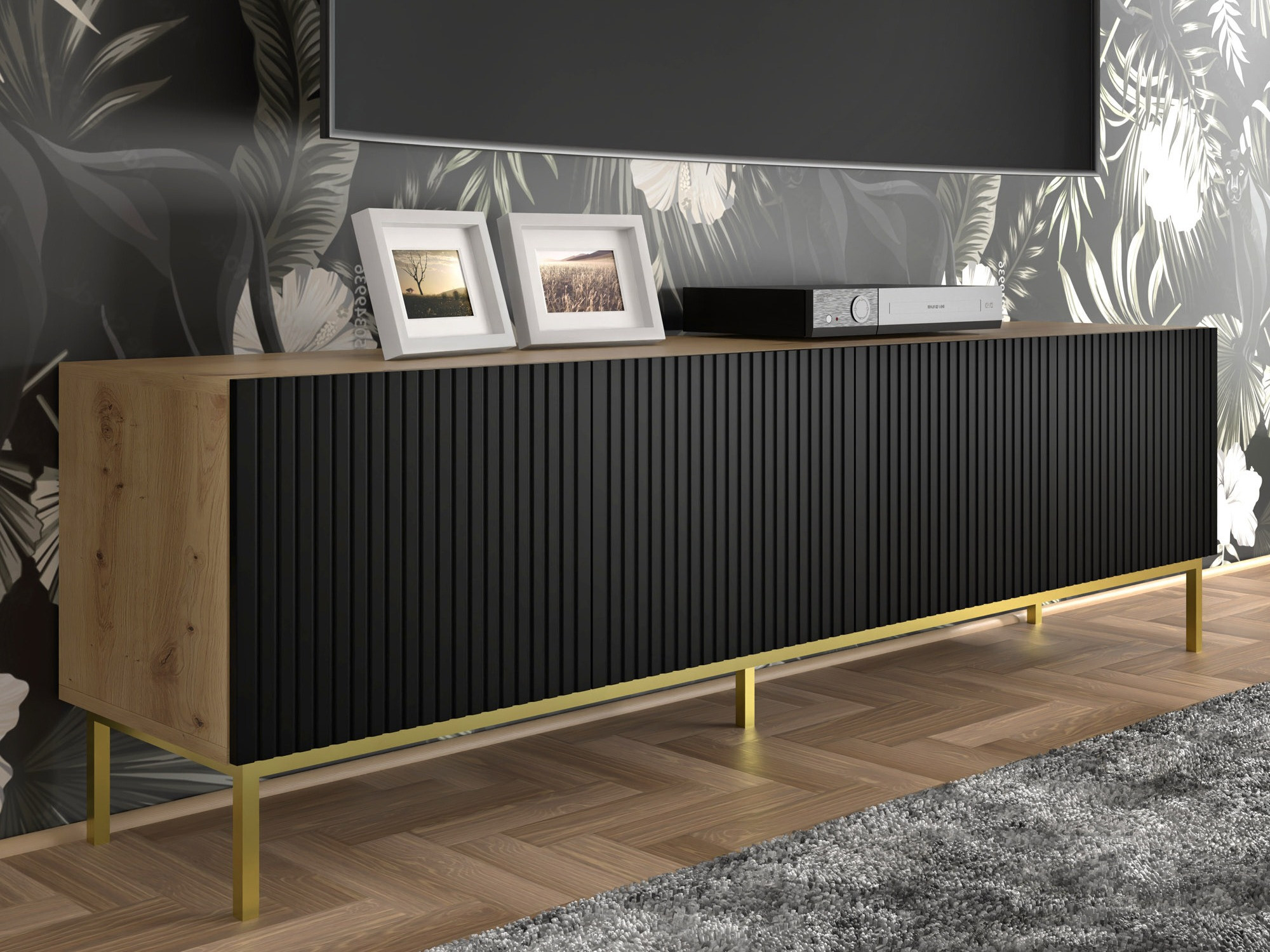 TV staliukas Mirmaro 103 (Juoda + Artisan ąžuolas)