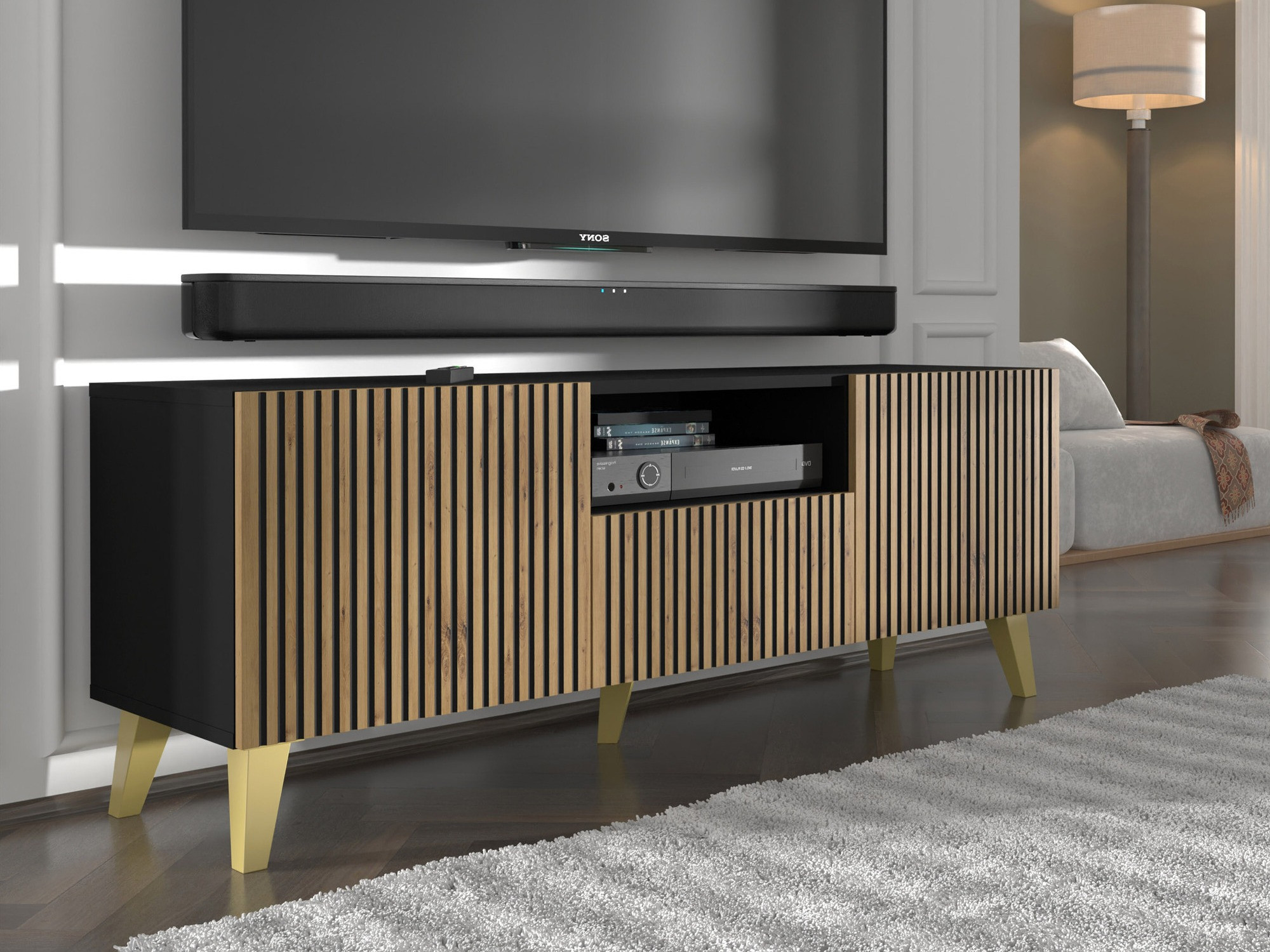 TV staliukas Buffalo 156 (Juoda + Artisan ąžuolas)