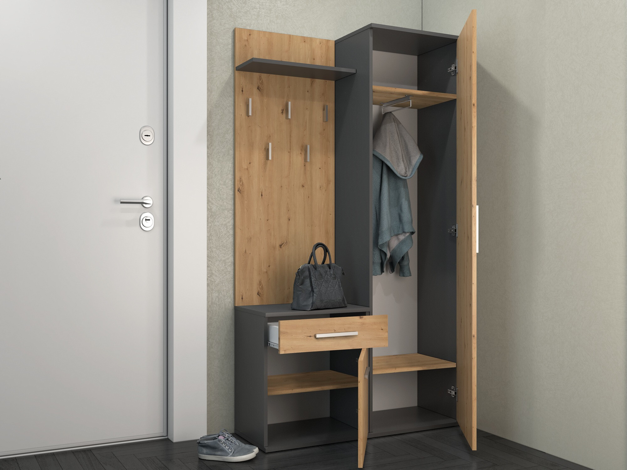 Prieškambario komplektas Mandeville 126 (Artisan ąžuolas + Antracitas)