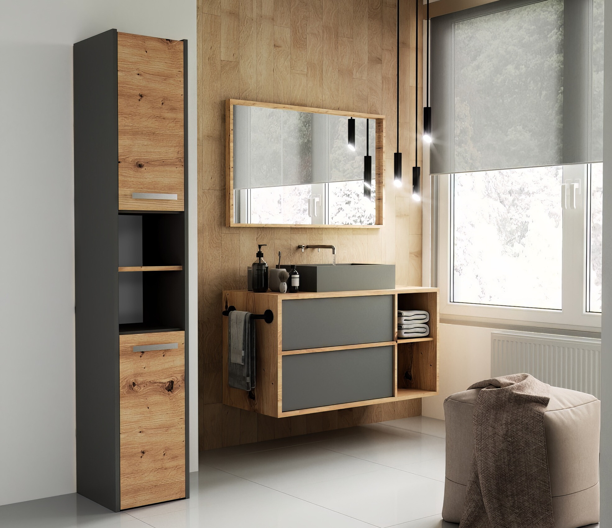 Pastatoma vonios spintelė Mandeville 248 (Antracitas + Artisan ąžuolas)