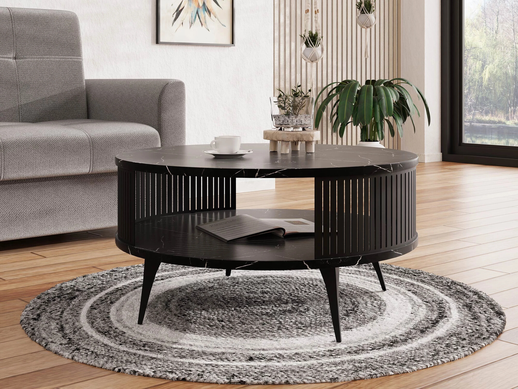 Žurnalinis staliukas Sordore 100 (Juoda + Juodas marmuras)