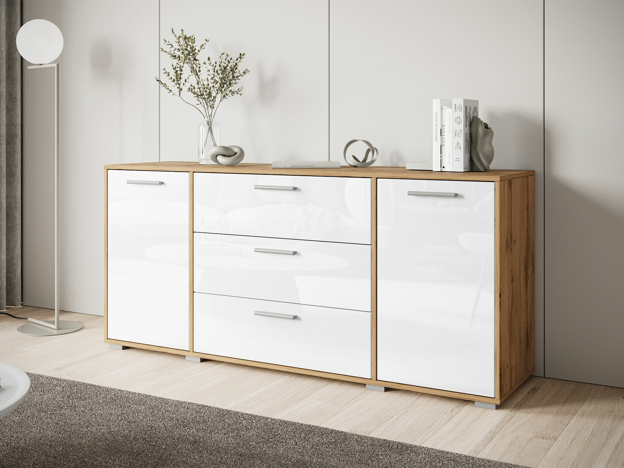 Komoda Sarasota 174 (Votan ąžuolas + Blizgi balta)