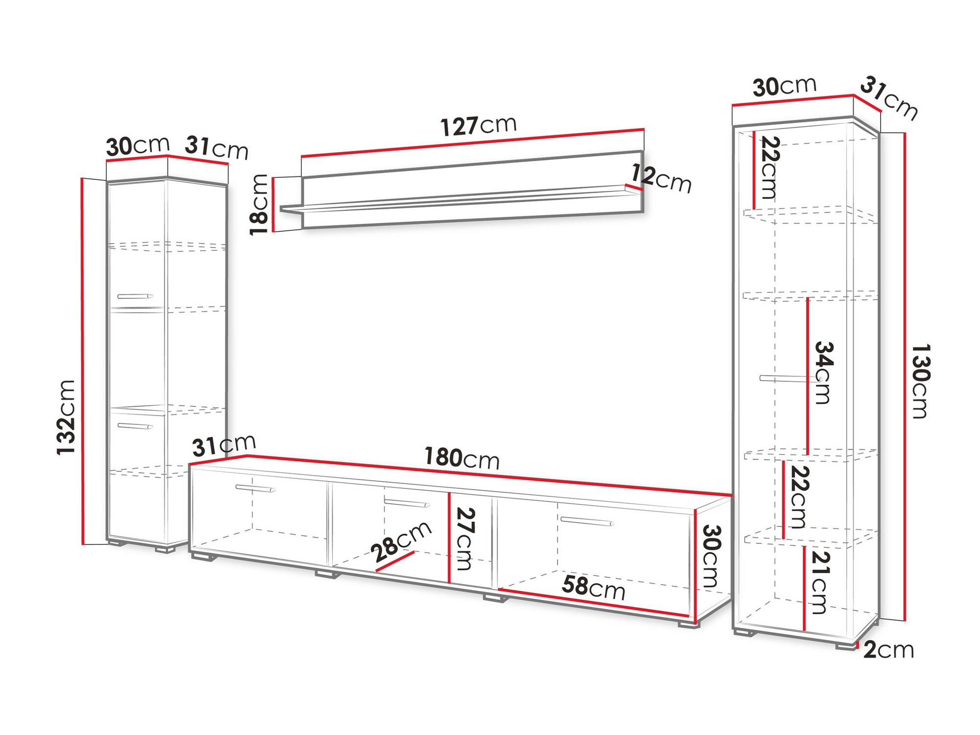 Svetainės komplektas Sarasota 175 (Matera pilka + Blizgi balta)