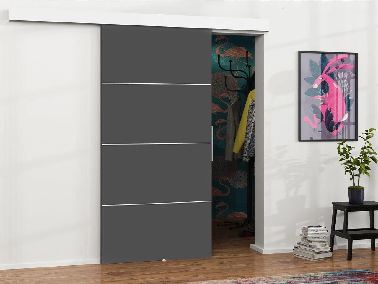 Stumdomos durys su vienoje pusėje esančiomis dekoracijomis