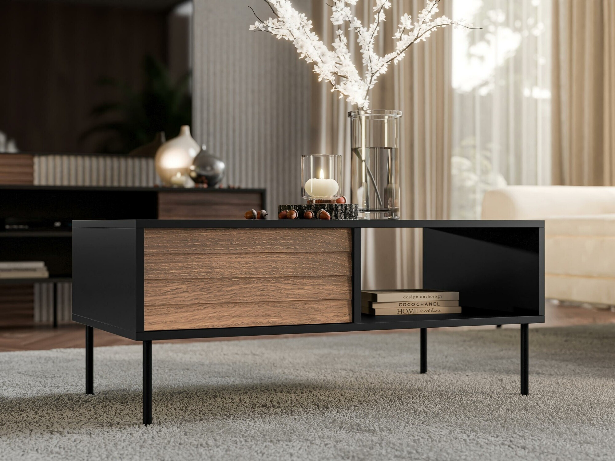 Žurnalinis staliukas Flosoru 103 (Graikinis riešutas + Juoda)