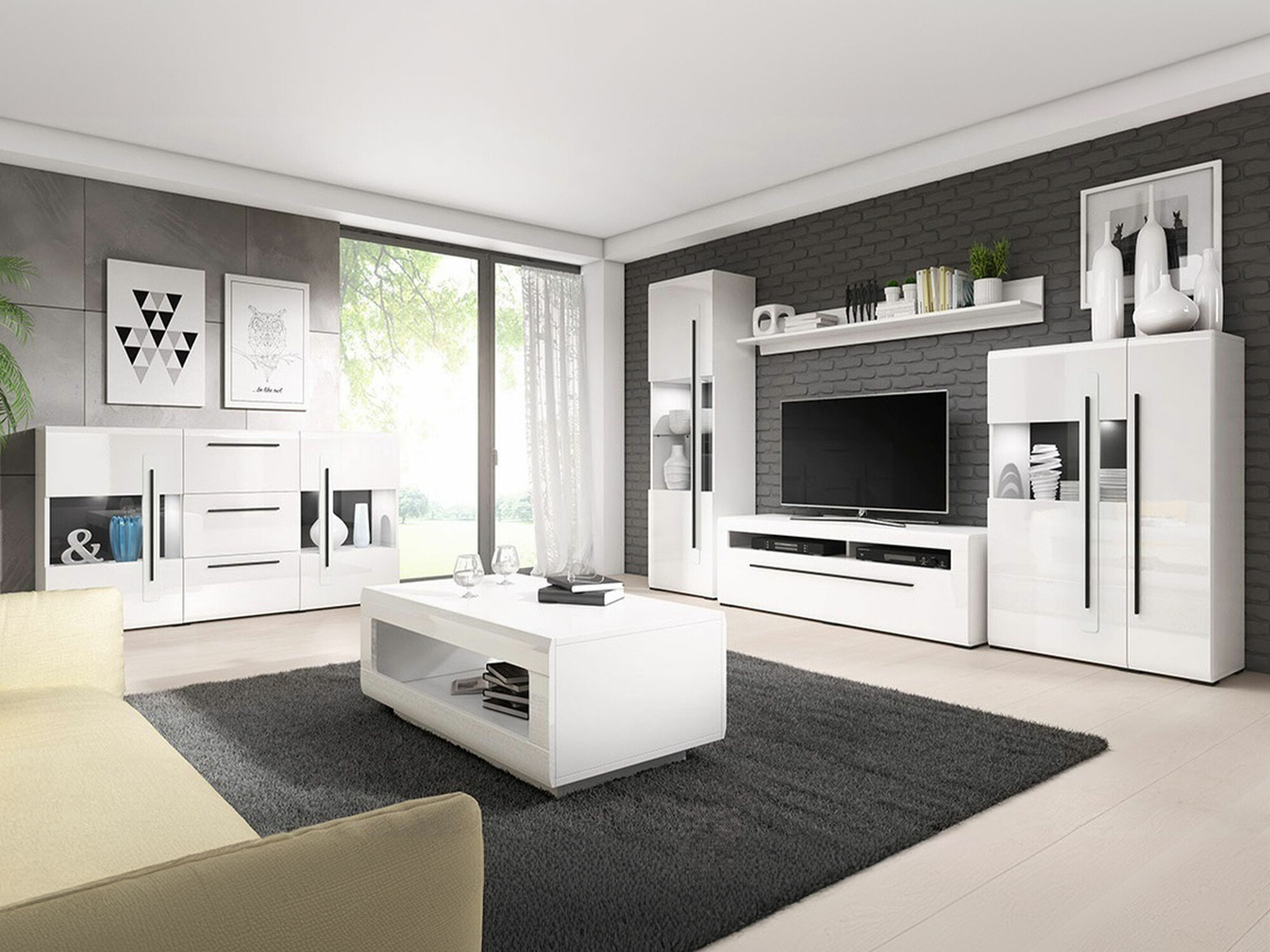 Svetainės komplektas Ophsalu 112 (Balta + Blizgi balta)