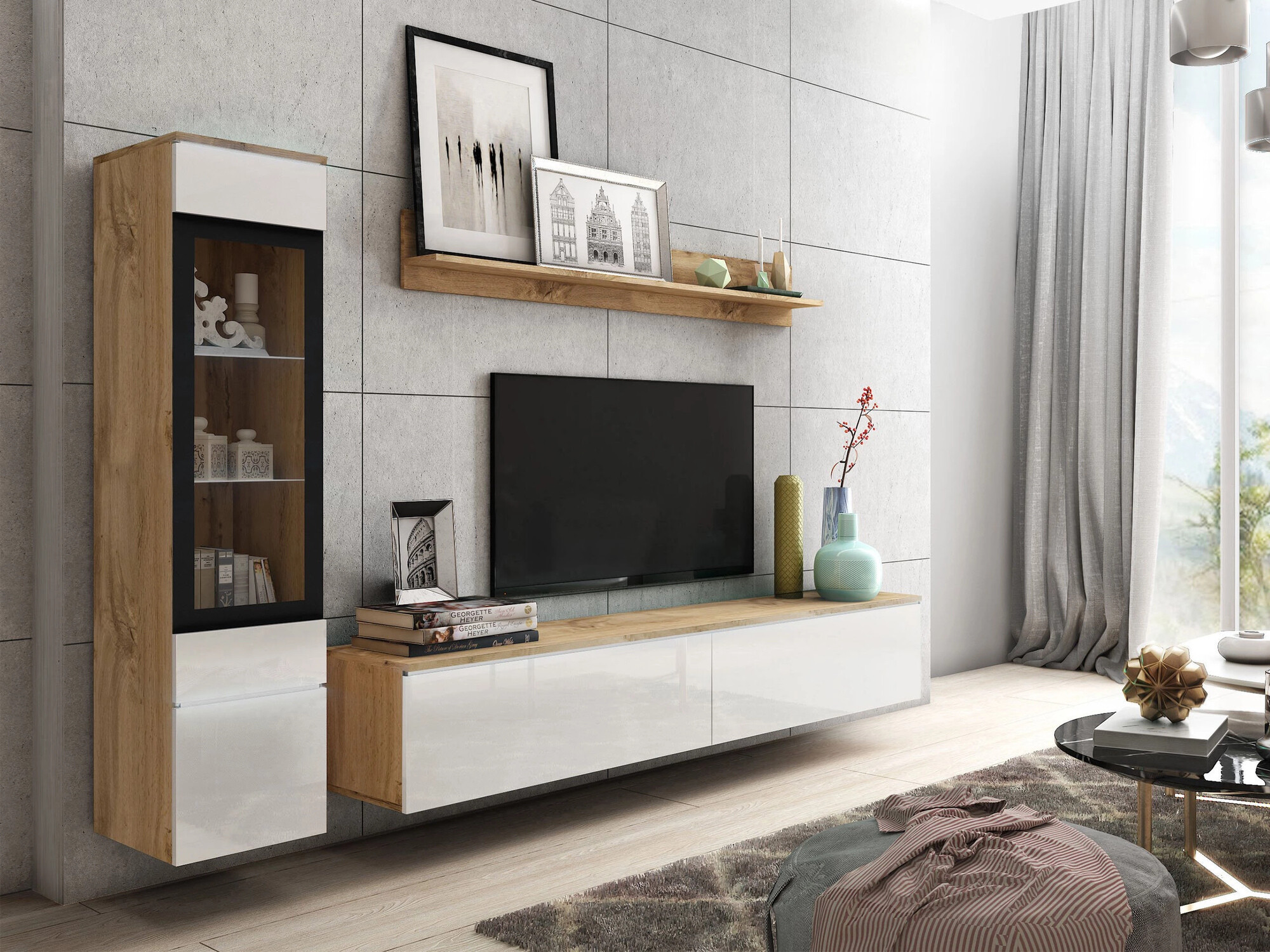 Svetainės komplektas Sarasota 125 (Votan ąžuolas + Blizgi balta)