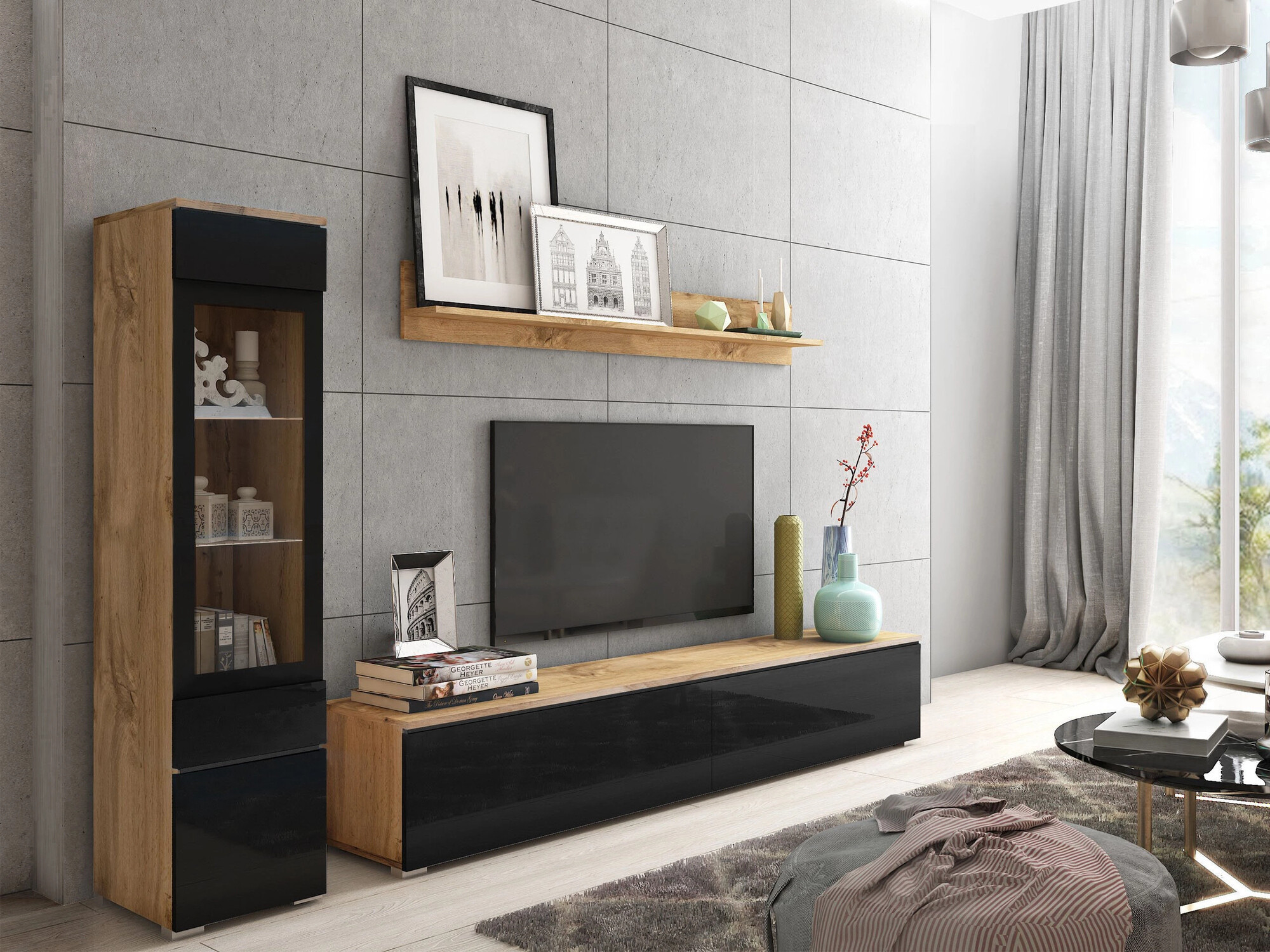 Svetainės komplektas Sarasota 125 (Votan ąžuolas + Blizgi juoda)