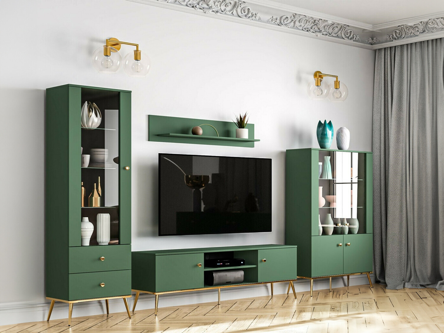 Svetainės komplektas Flonovu 110 (Tamsi žalia + Auksinė)