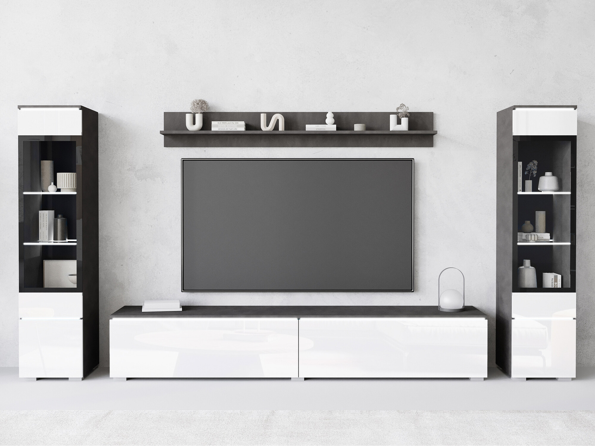 Svetainės komplektas Sarasota 126 (Matera pilka + Blizgi balta)