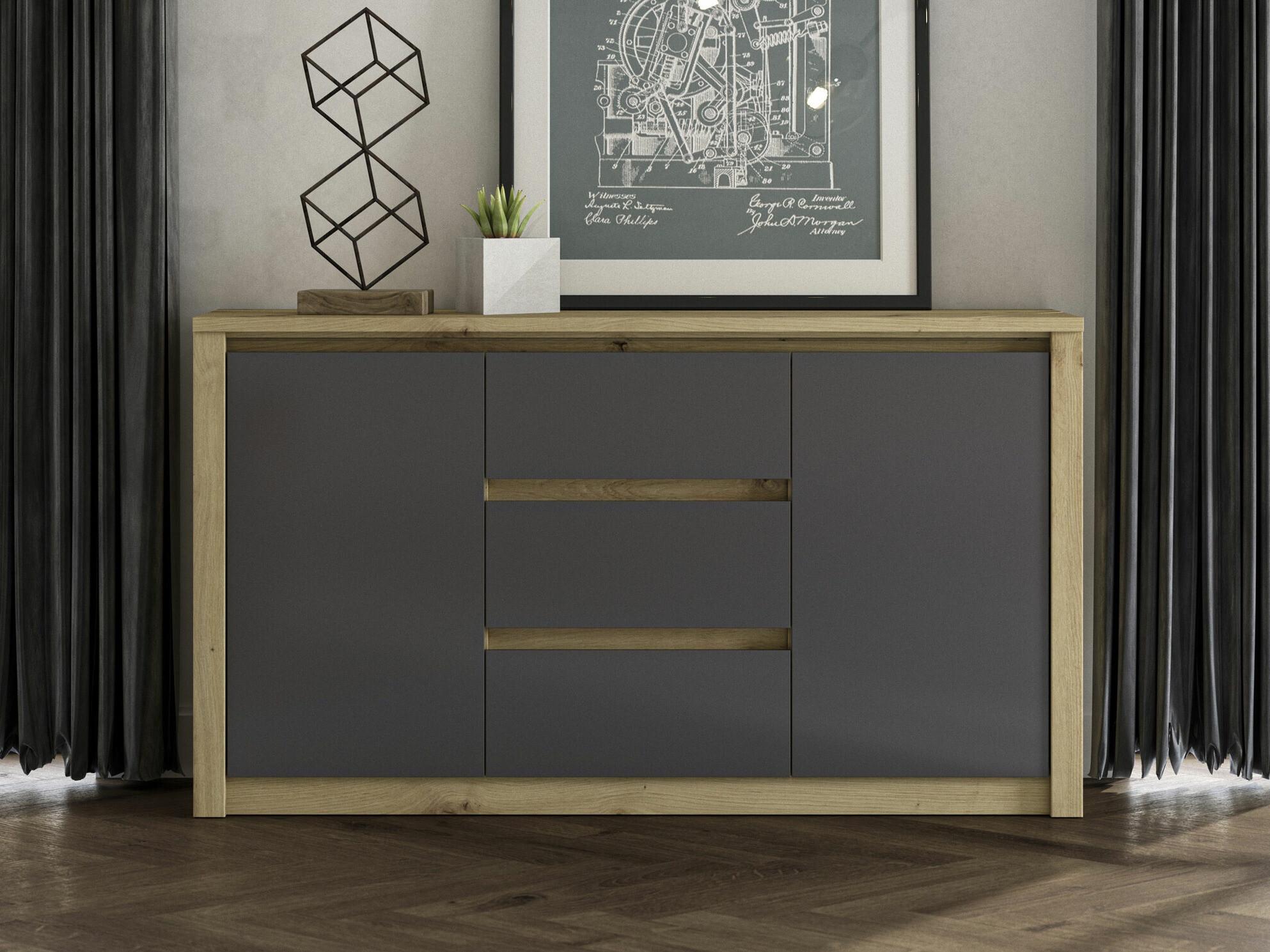 Komoda Deldale 101 (Artisan ąžuolas + Pilka)