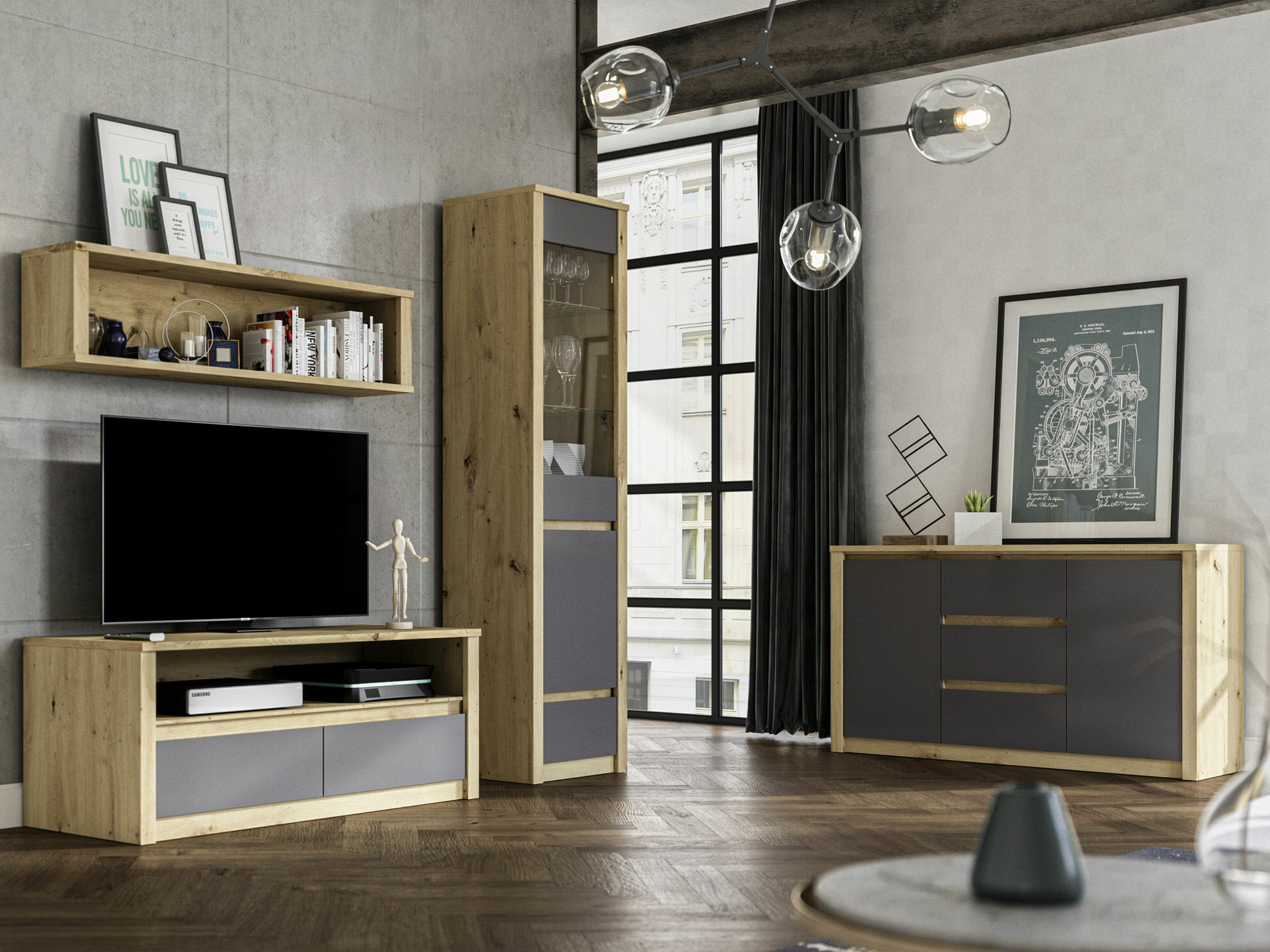 Komoda Deldale 101 (Artisan ąžuolas + Pilka)